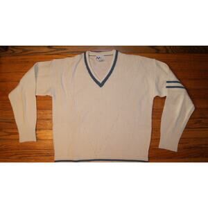 Vintage 70s Mens XL Ivory Blue VNeck Acrylic Sweater MB Full Fashioned Knit